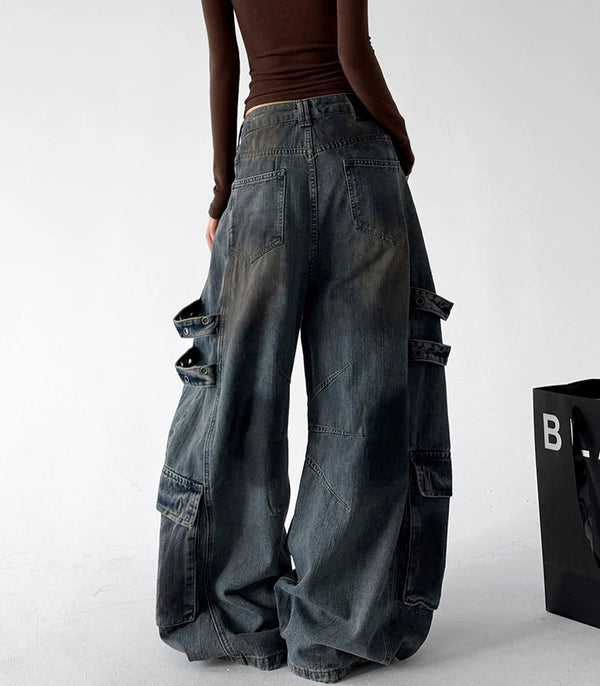 Dark Blue cargo baggy jeans, back view