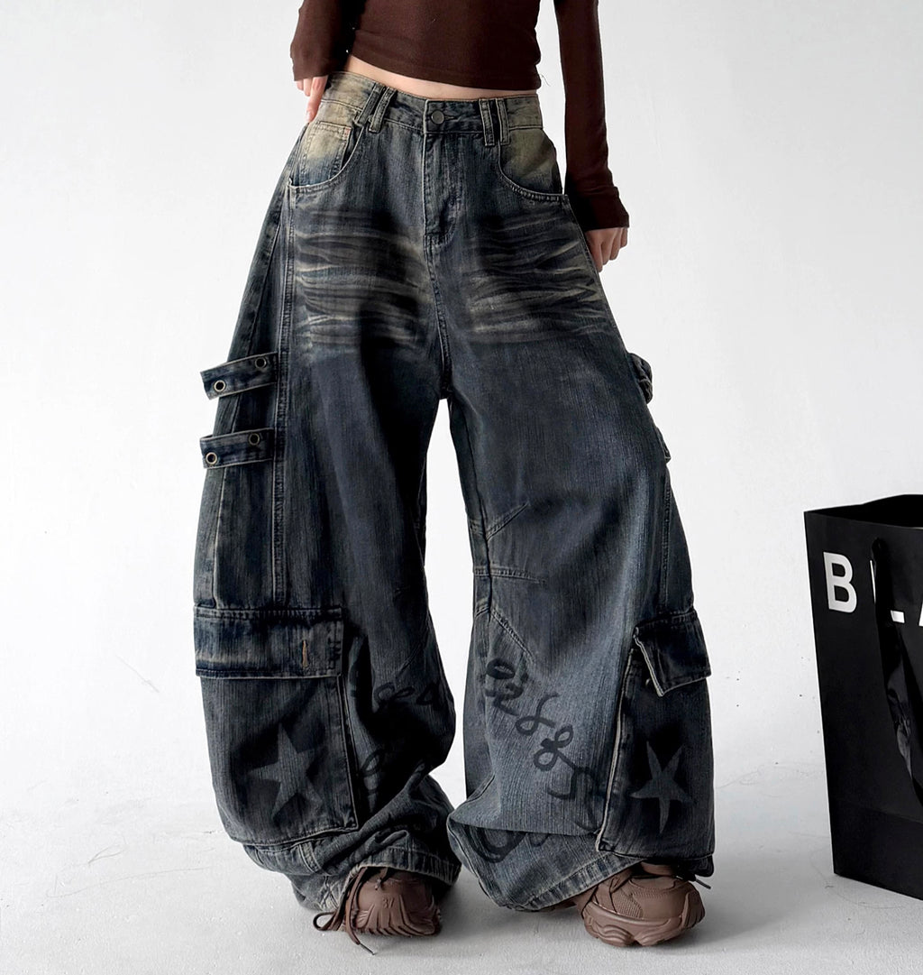 Dark Blue cargo baggy jeans, front view