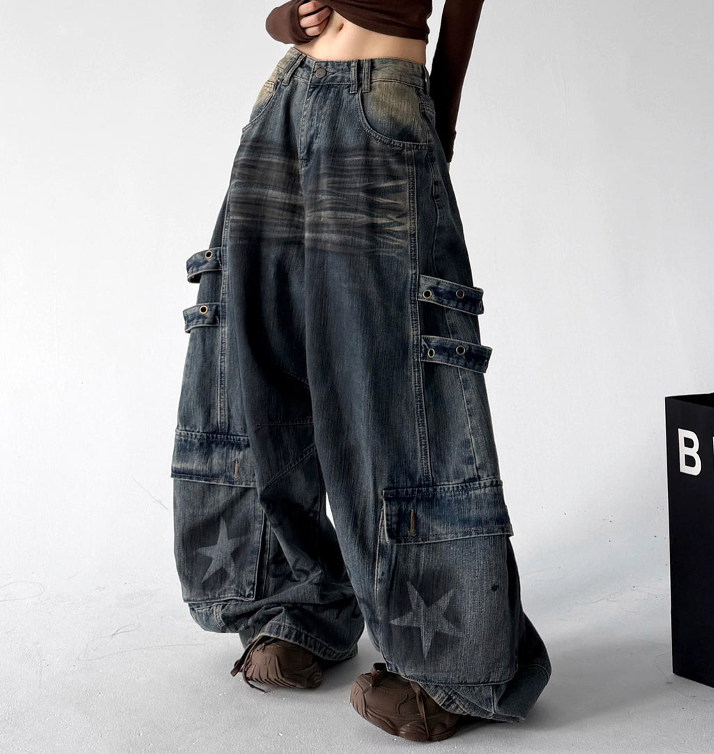Dark Blue cargo baggy jeans, side view
