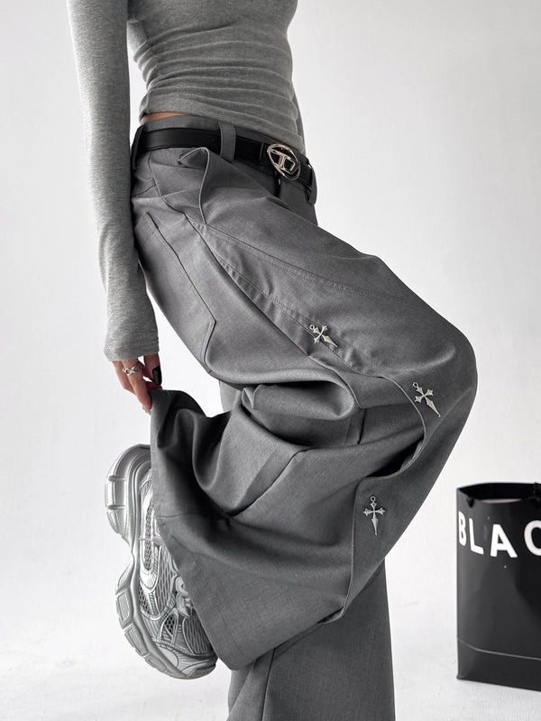 Gray wide-leg pants - raised leg detail
