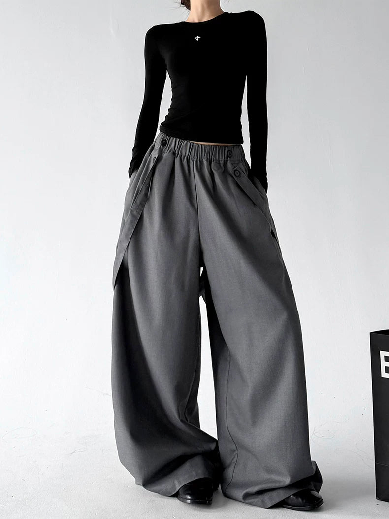 Gray strap detail wide leg pants, front view