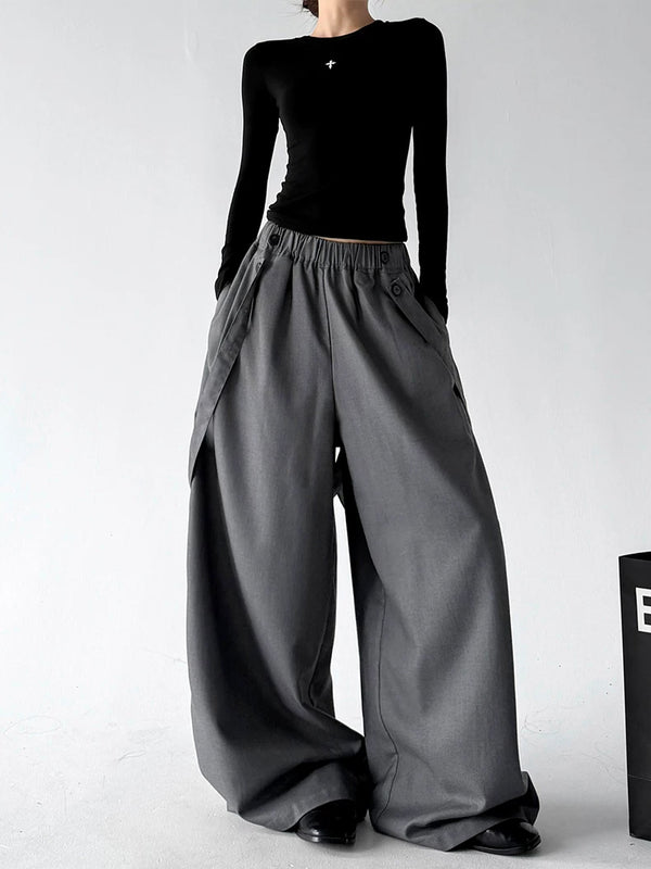 Gray strap detail wide leg pants, front view