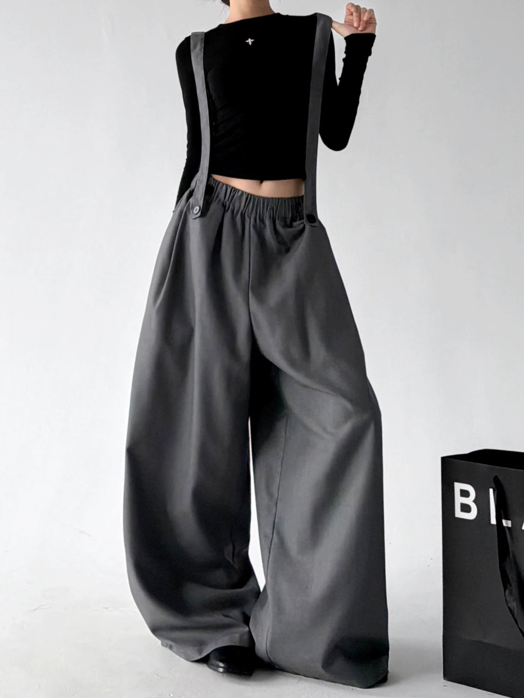 Gray strap detail wide leg pants, strap styling alternate view