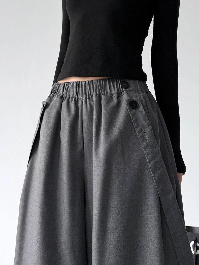 Gray strap detail wide leg pants, waist detail view
