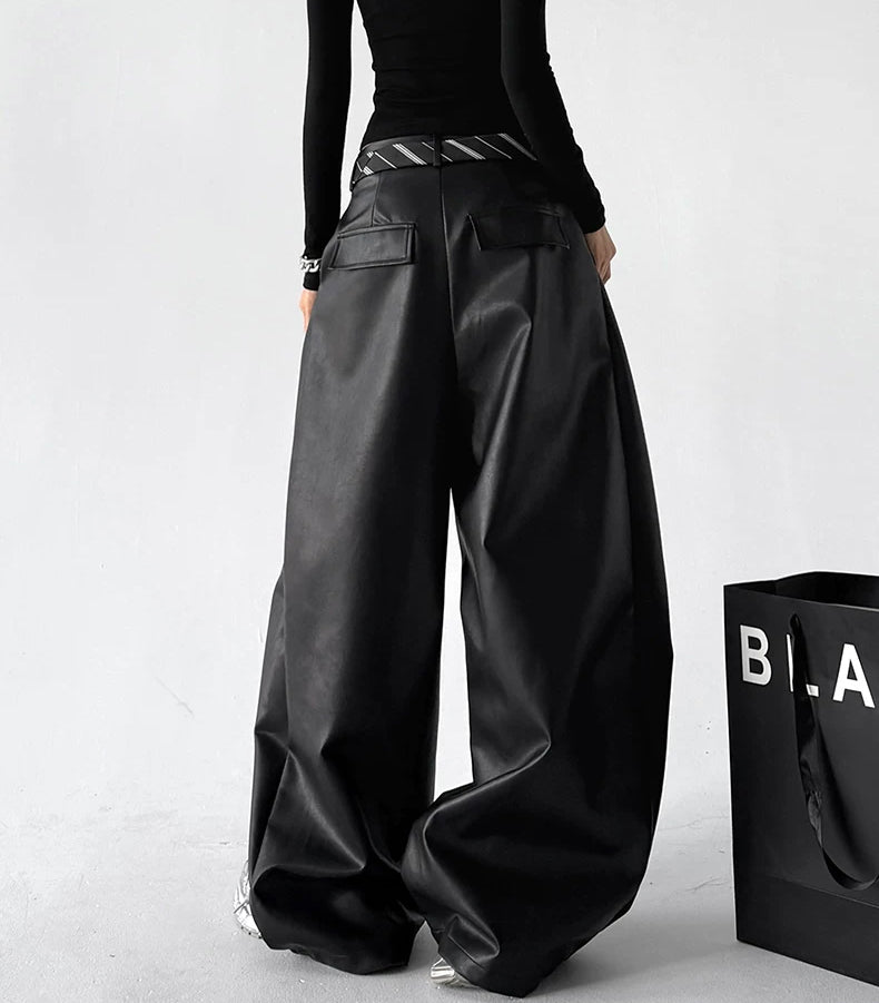 Black wide-leg PU pants back view - CT6267