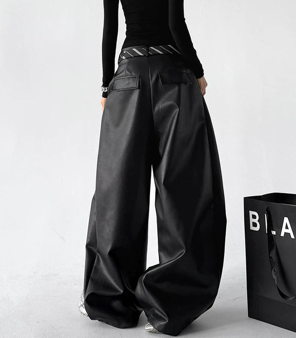 Black wide-leg PU pants back view - CT6267