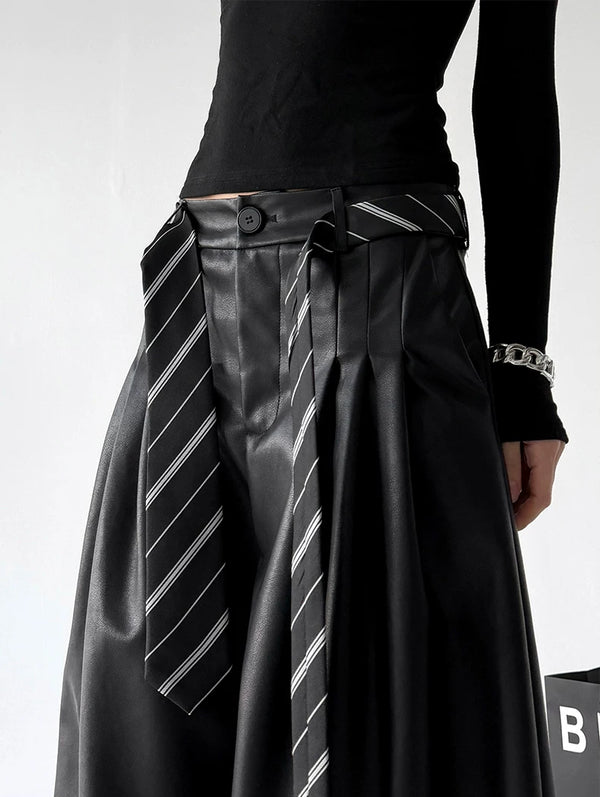 Black wide-leg PU pants waist detail view - CT6267