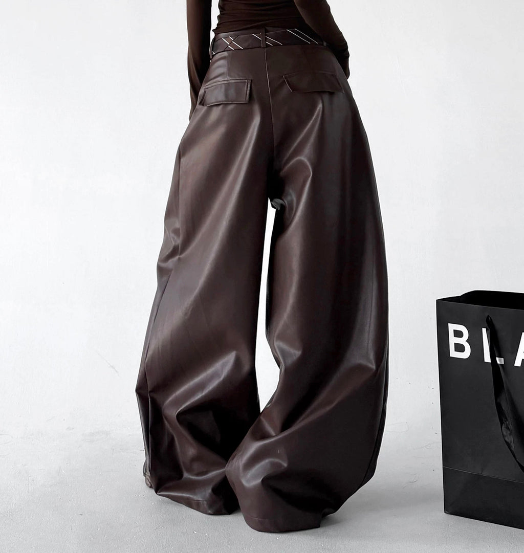 Brown wide-leg PU pants back view - CT6267