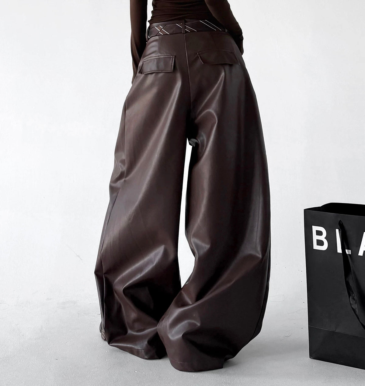Brown wide-leg PU pants back view - CT6267