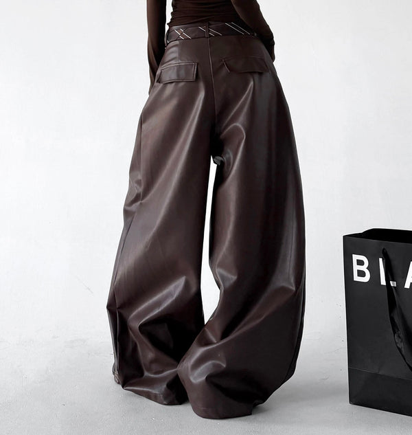 Brown wide-leg PU pants back view - CT6267