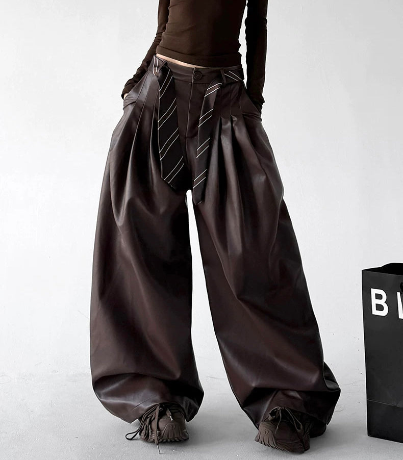 Brown wide-leg PU pants front alternate view - CT6267