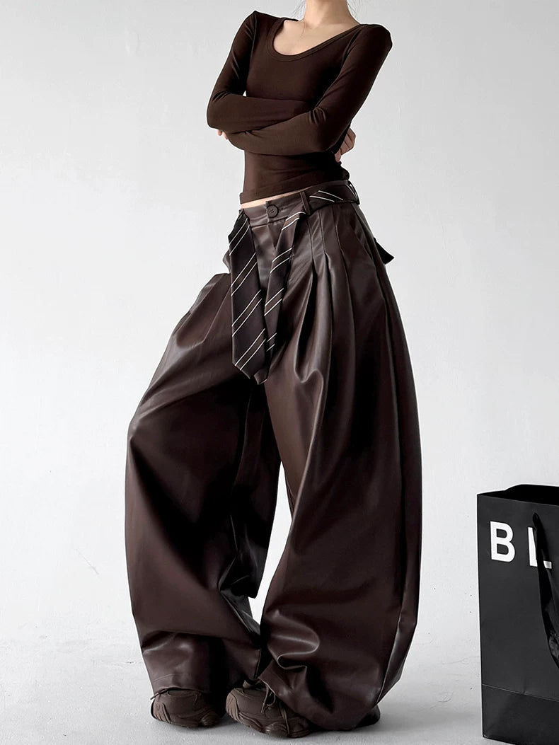 Brown wide-leg PU pants side view - CT6267