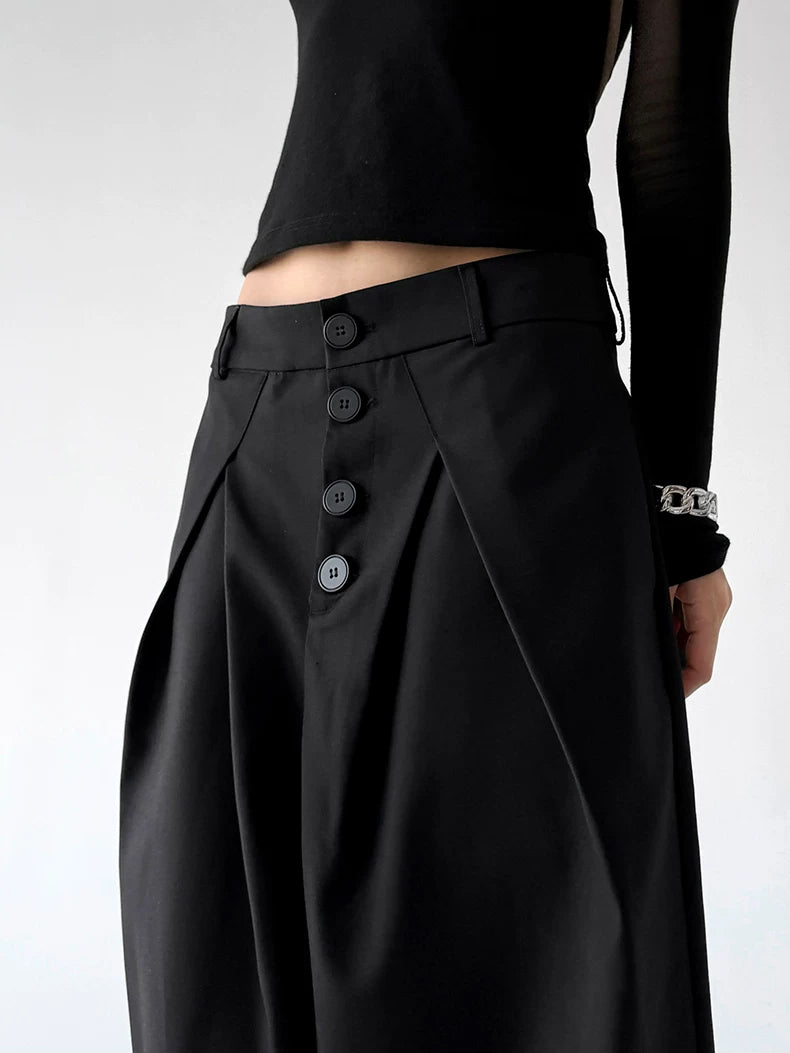 Black button-front wide-leg pants waist detail - CT6270