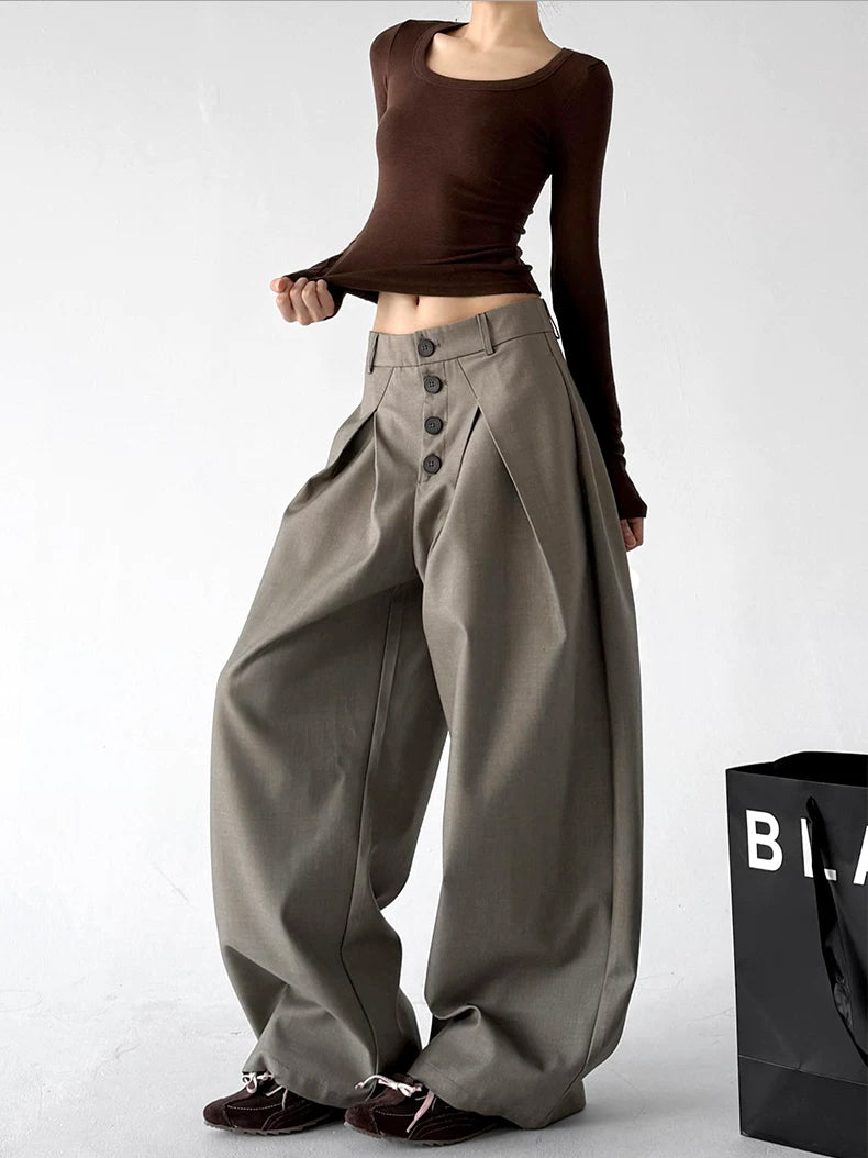 Oatmeal button-front wide-leg pants angled front - CT6270