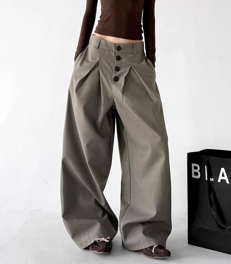 Oatmeal button-front wide-leg pants front - CT6270
