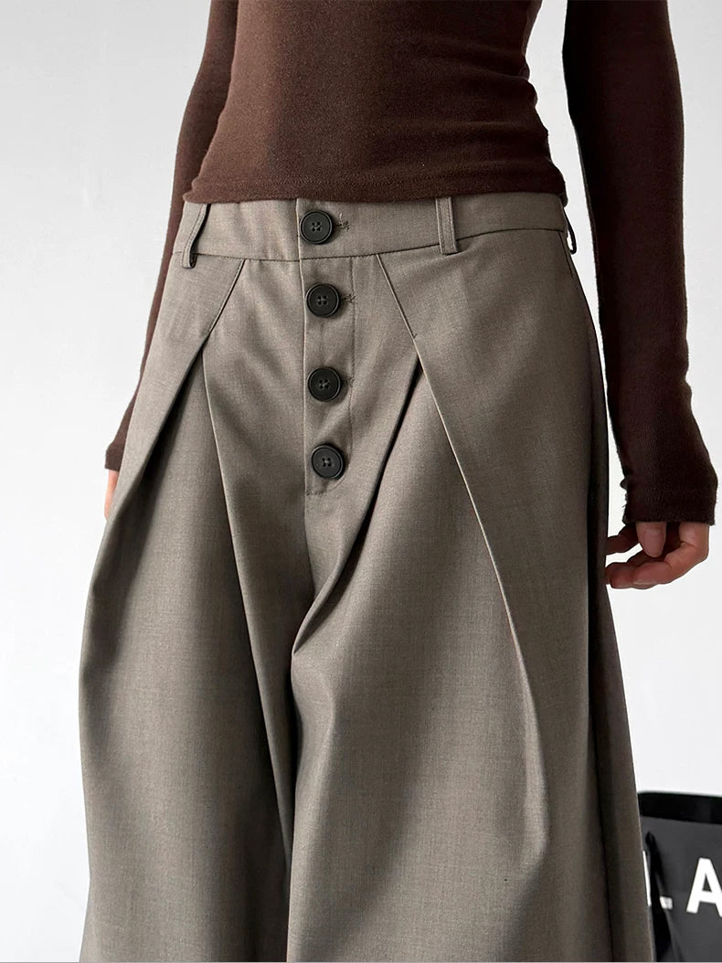 Oatmeal button-front wide-leg pants waist detail - CT6270