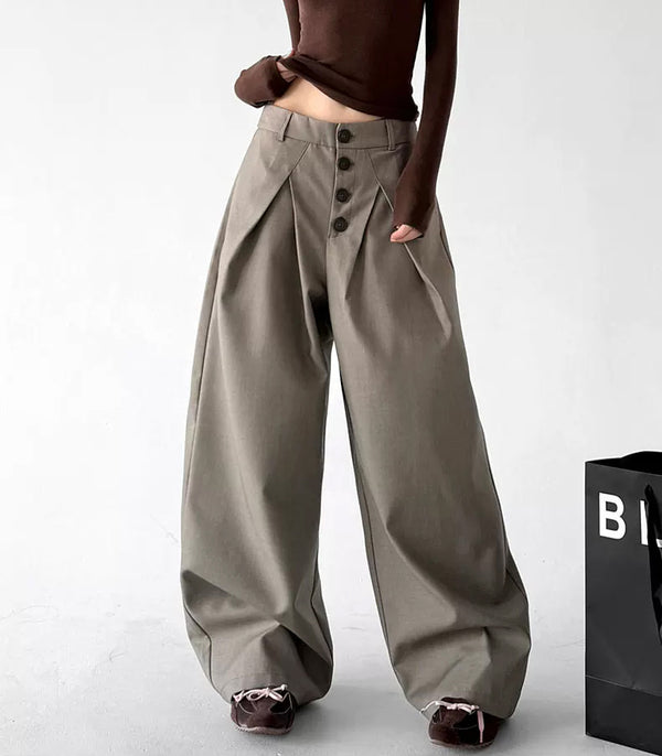 Oatmeal button-front wide-leg pants walking view - CT6270