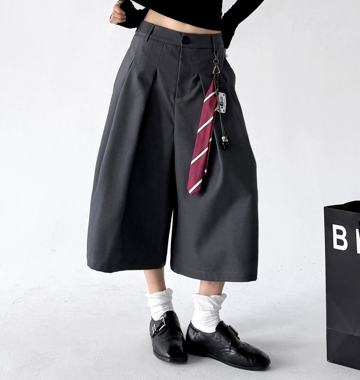 Dark Gray pleated culottes with tie front hands - CT6273
