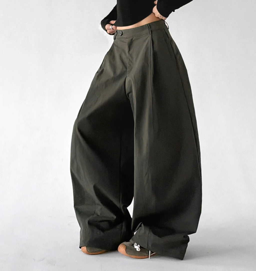 Army Green casual wide-leg pants front hands - CT6276