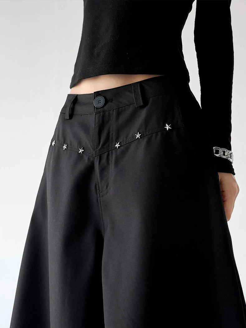 Black star-studded wide-leg trousers waist detail view - CT6277