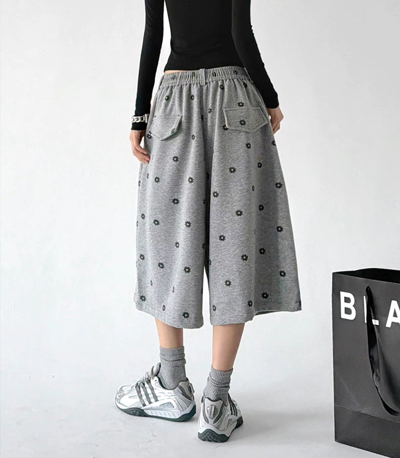 Gray wide leg pants, angled back view