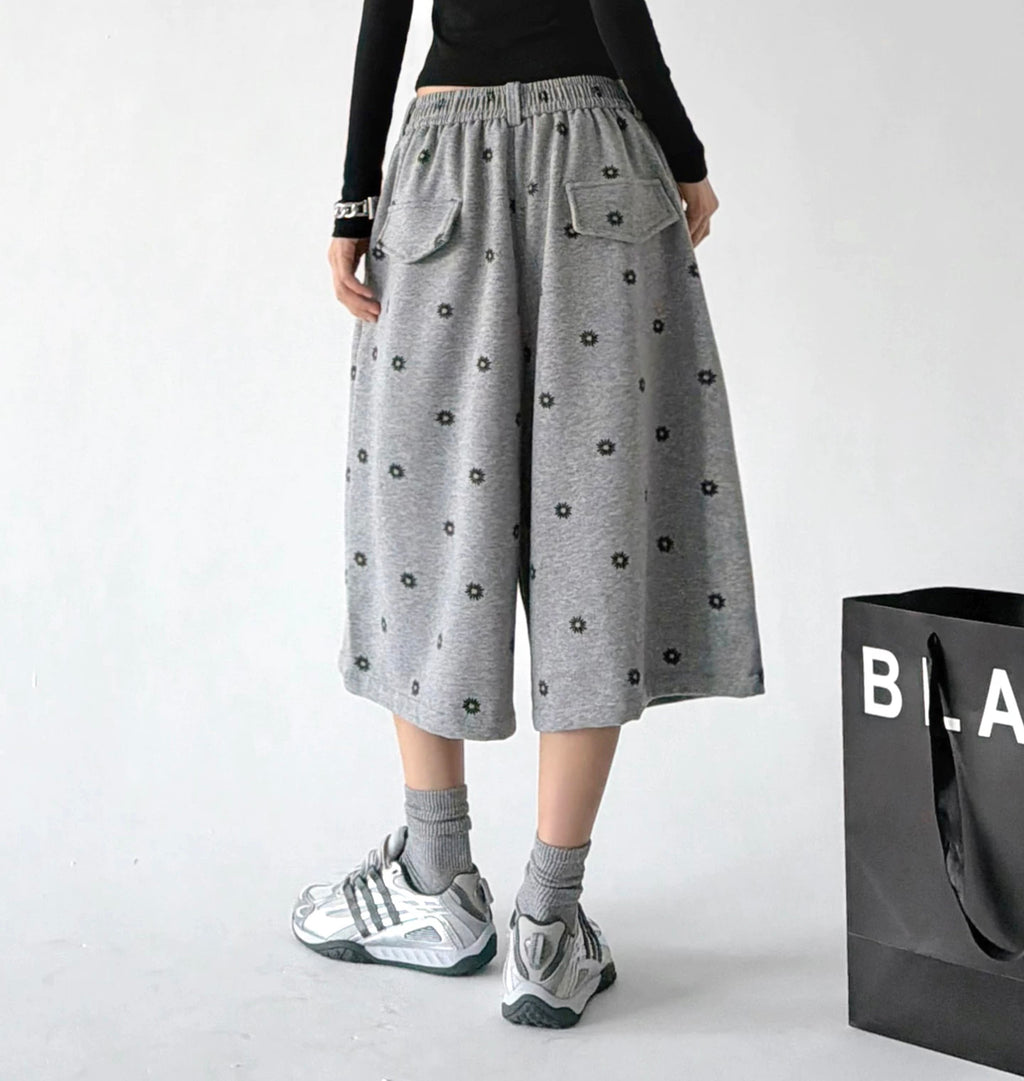 Gray wide leg pants, back view