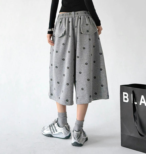 Gray wide leg pants, back view