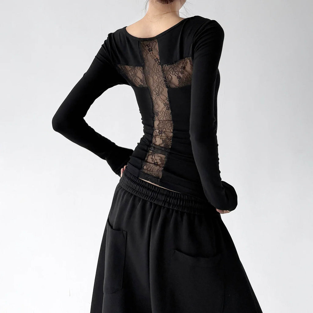Black lace-cross-back long-sleeve top angled back - CT66234