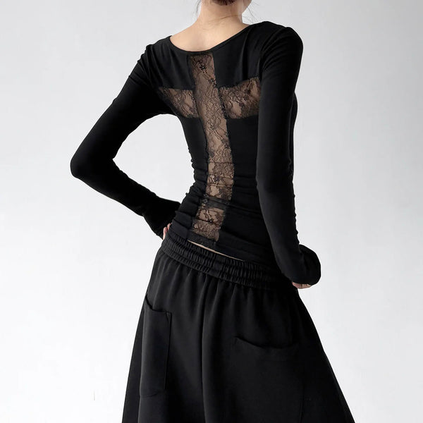 Black lace-cross-back long-sleeve top angled back - CT66234
