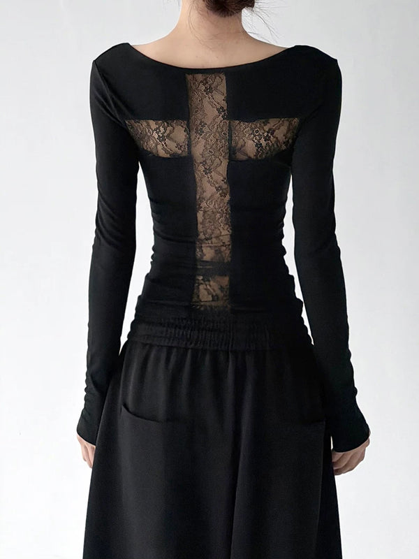 Black lace-cross-back long-sleeve top back - CT66234