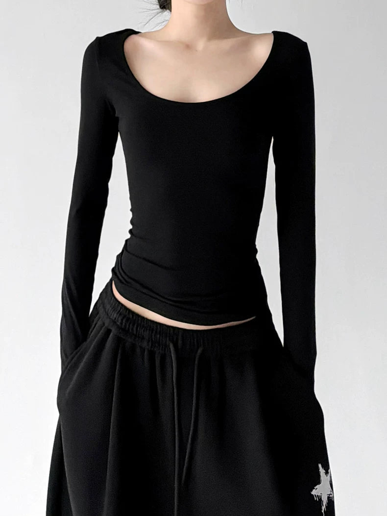 Black lace-cross-back long-sleeve top front - CT66234