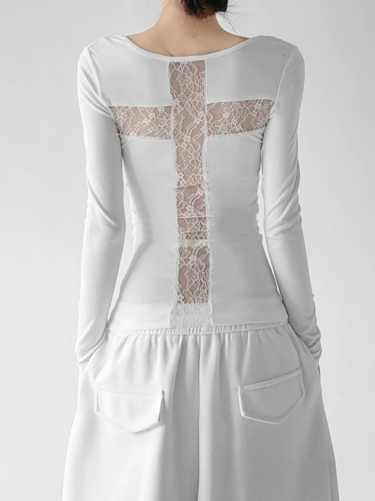 White lace-cross-back long-sleeve top back - CT66234