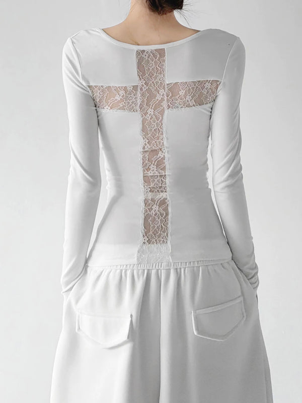White lace-cross-back long-sleeve top back - CT66234