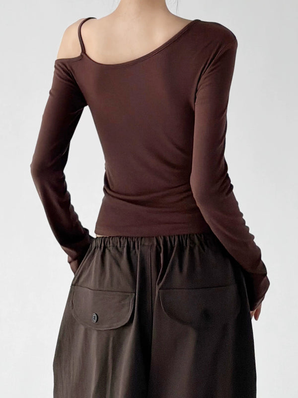 Brown cross strap asymmetric top, back view