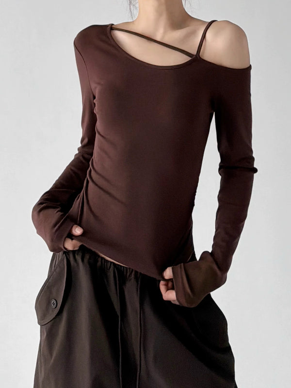 Brown cross strap asymmetric top, hem view view