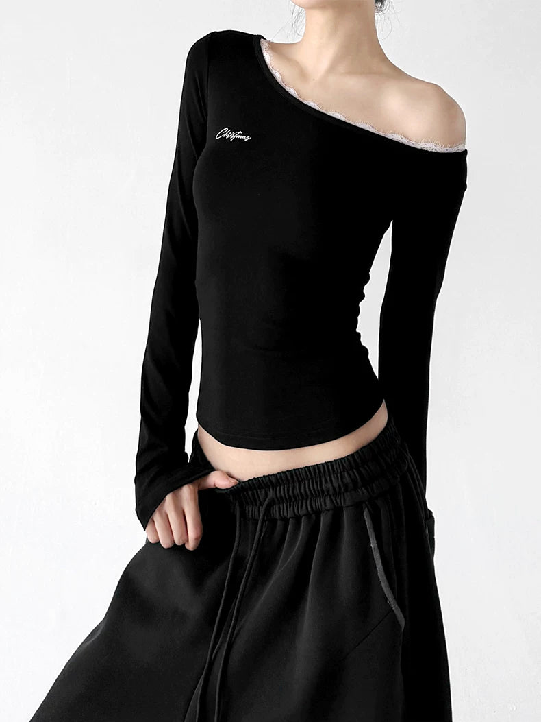 Black asymmetric lace neckline top front alternate - CT66248