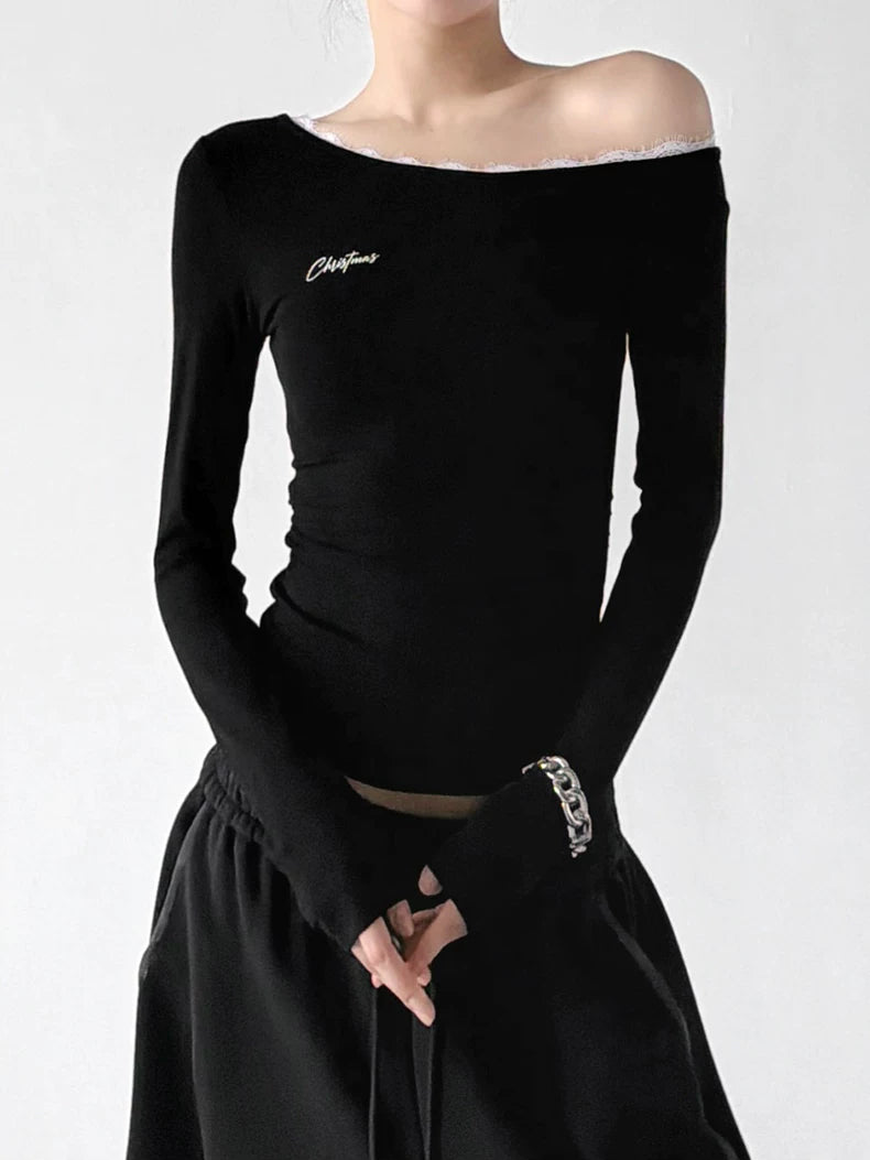 Black asymmetric lace neckline top front hands - CT66248