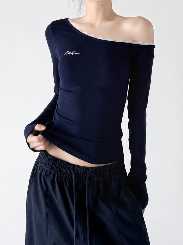 Navy asymmetric lace neckline top hem detail - CT66248