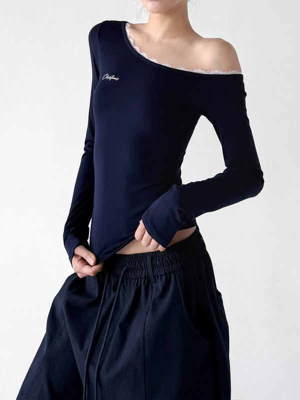 Navy long-sleeve top, angled front view