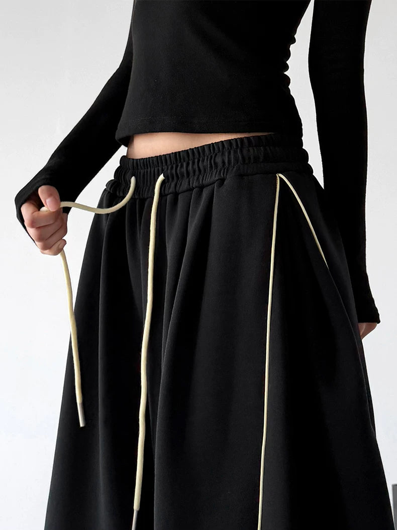 Black contrast piping wide-leg pants waist detail - CT66251