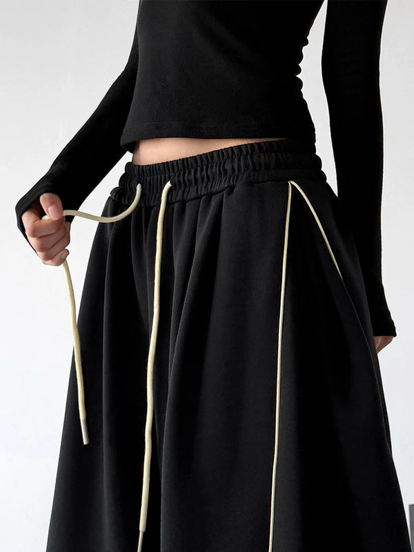 Black contrast piping wide-leg pants waist detail - CT66251
