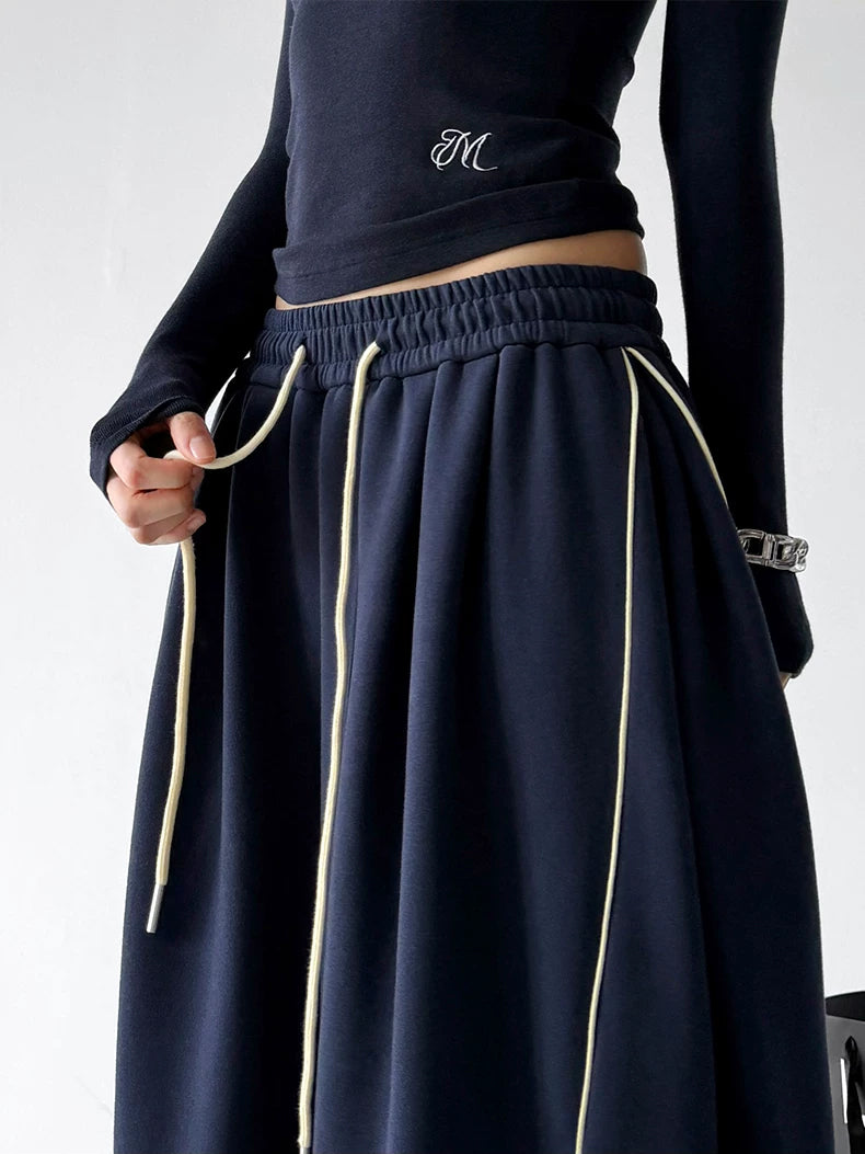 Navy contrast piping wide-leg pants waist detail - CT66251