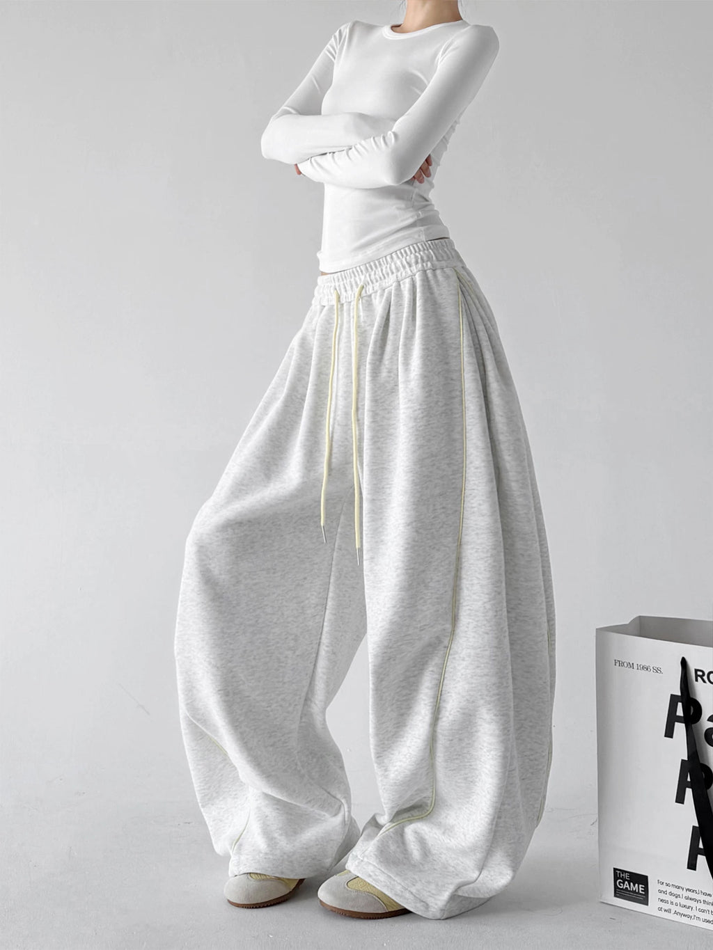 White Gray pants, angled front view