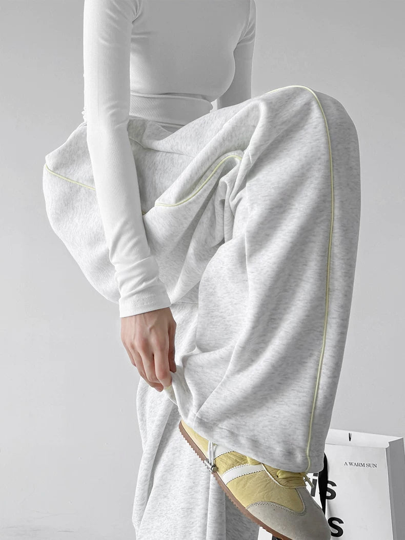White Gray pants, raised leg detail view