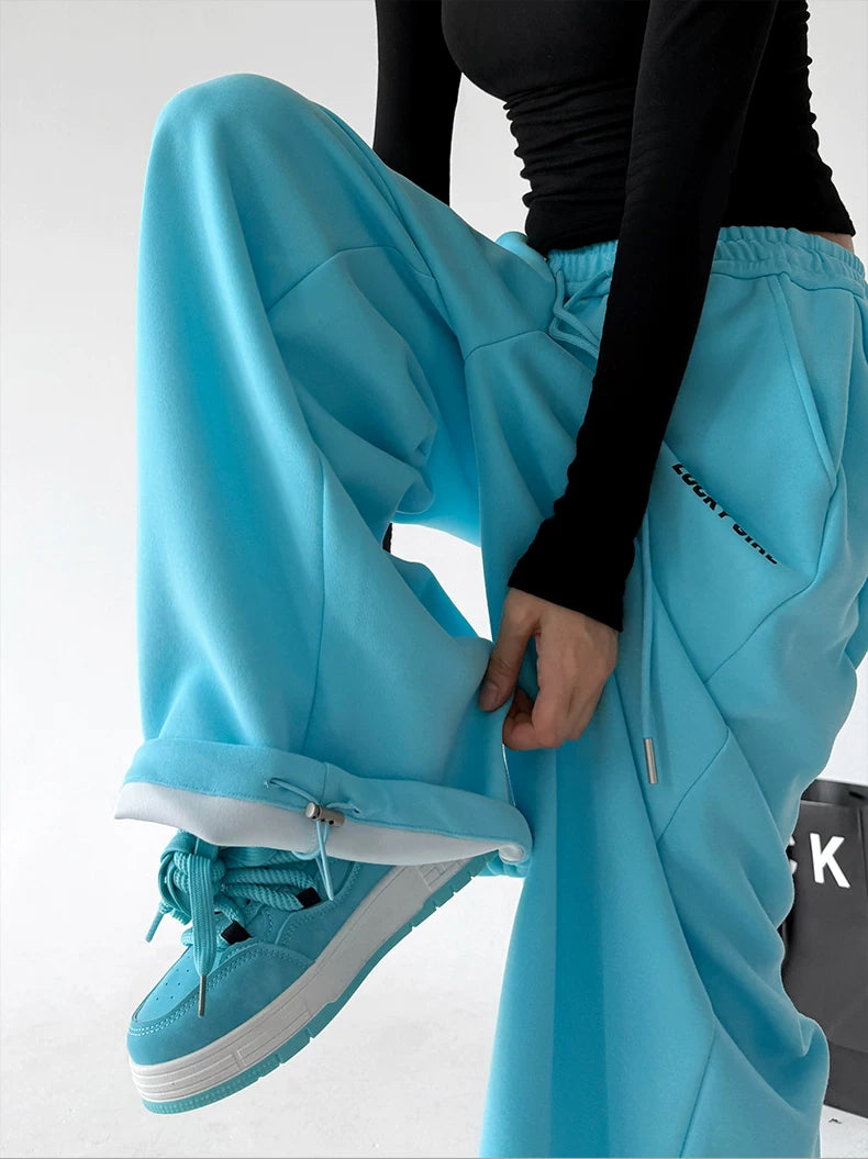 Blue cuff detail view of wide-leg pants