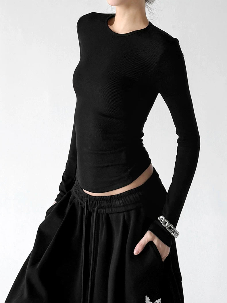 Black ribbed long sleeve top angled front - CT66257