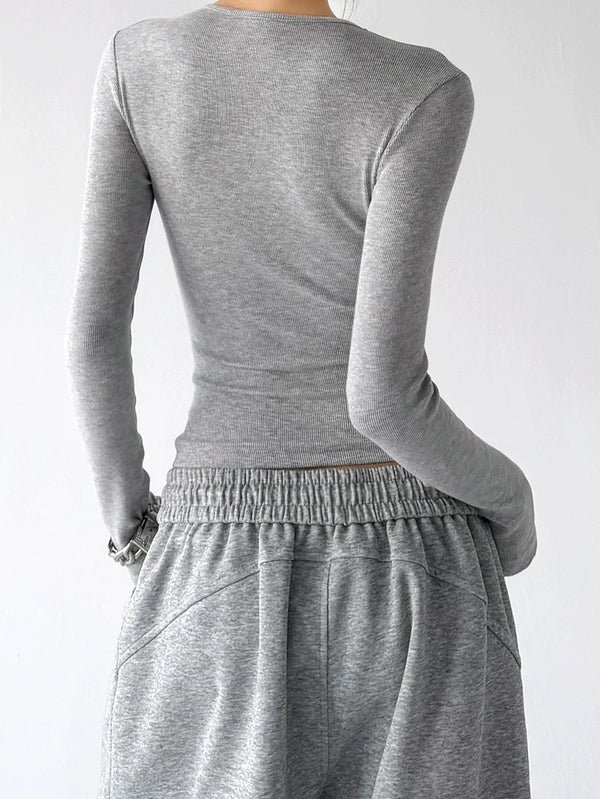 Gray ribbed long sleeve top back - CT66257