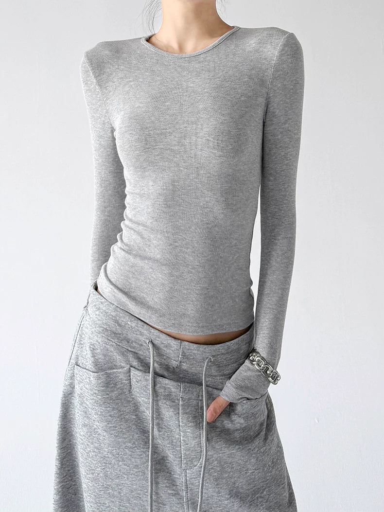 Gray ribbed long sleeve top front - CT66257