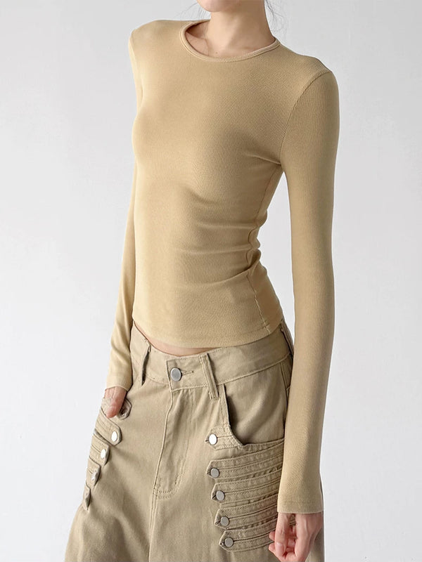 Khaki ribbed long sleeve top angled front - CT66257
