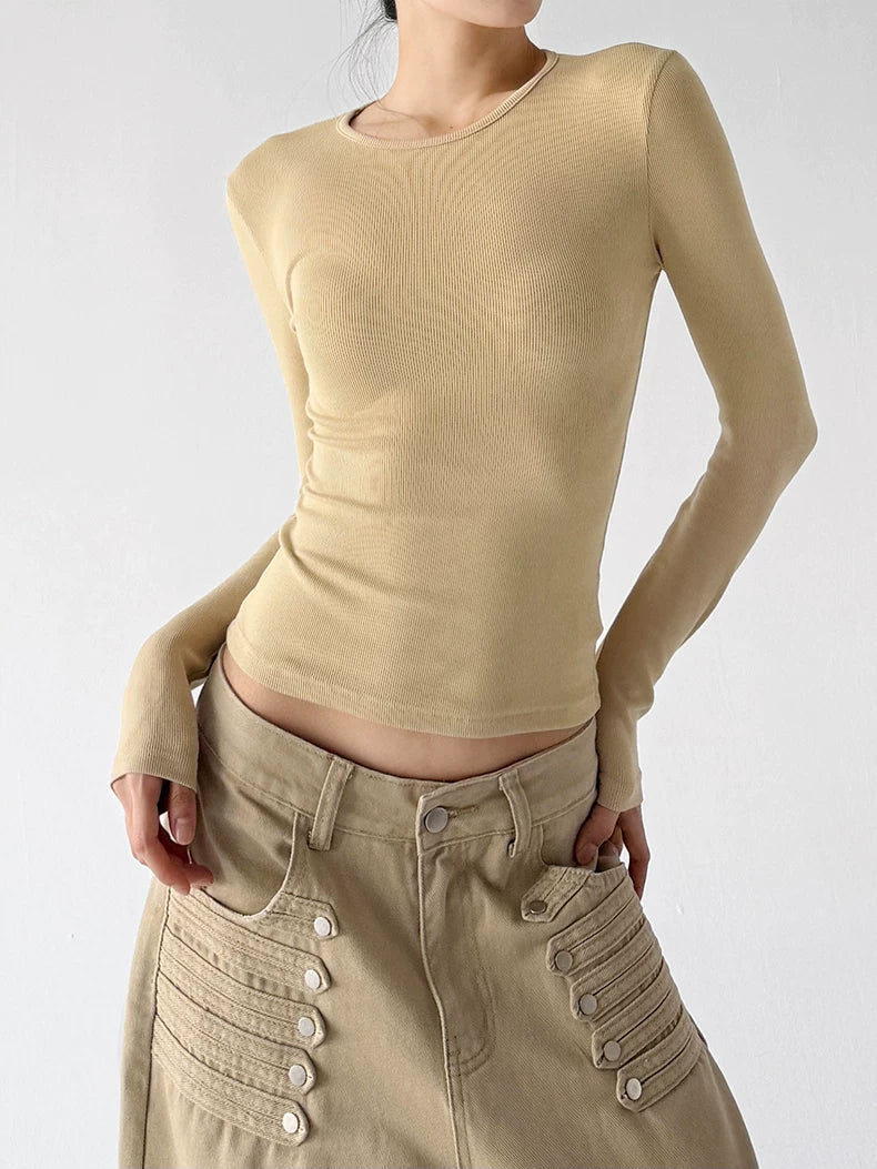 Khaki ribbed long sleeve top front hands - CT66257
